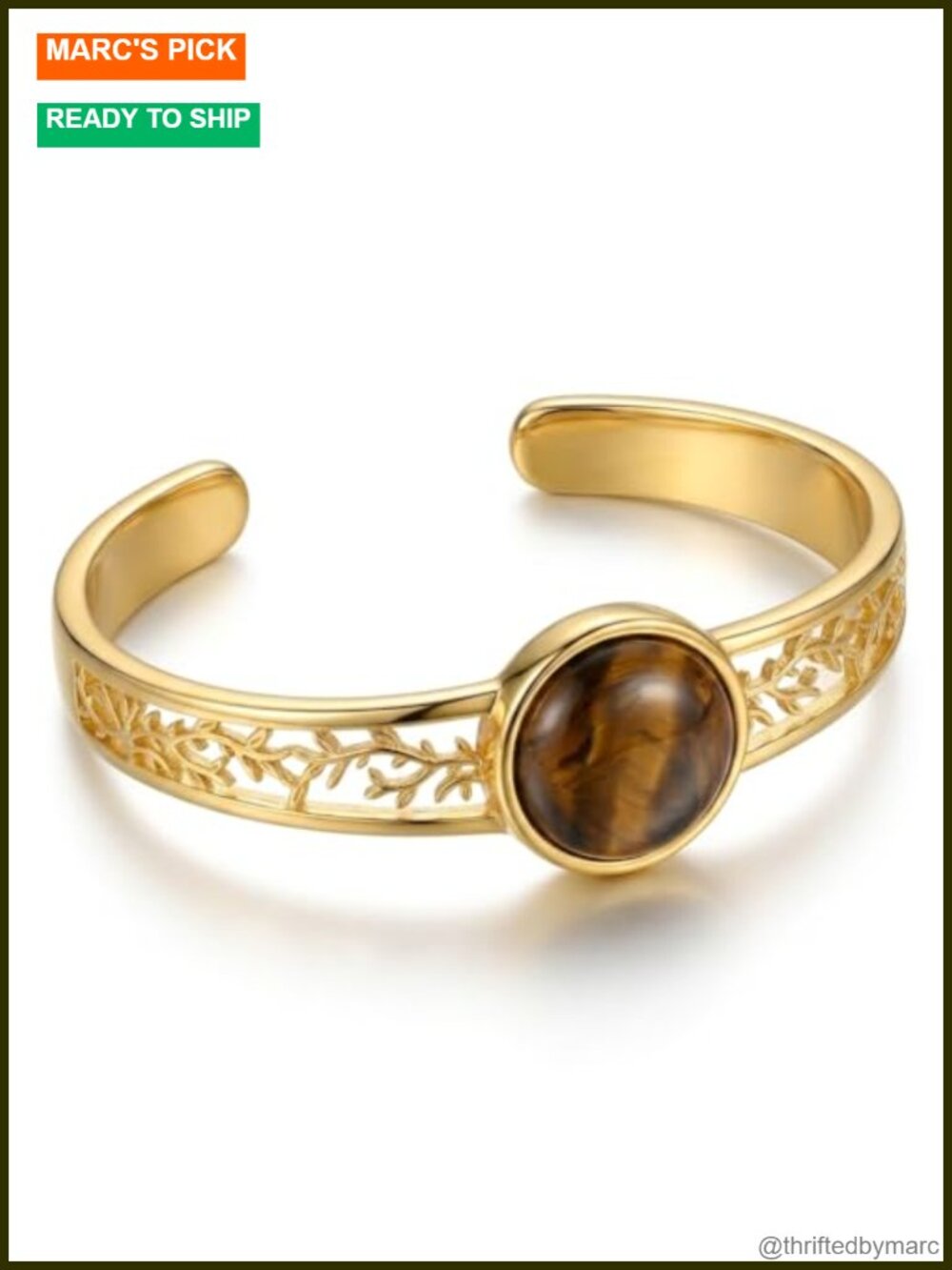 Tiger Eye Tree of Life Cuff Bracelet 14k Gold Plated Open Bangle